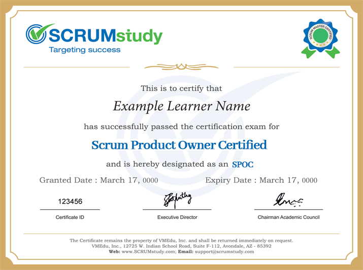 Scrum Product Owner Certified SPOC Certificate